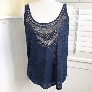 Express Blue/Black Sequin Embellished Burnout Tank